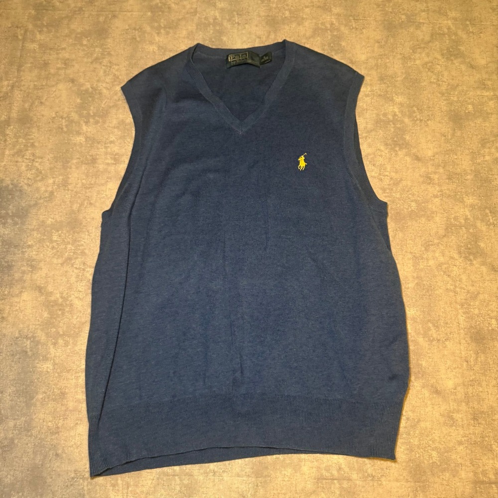 Polo Ralph Lauren Blue V-Neck Sweater Vest Yellow Pony Logo Mens Medium